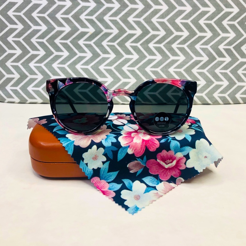 KOMONO The Lulu Floral Sunglasses NEW wing tip cateye black pink - Picture 4 of 12
